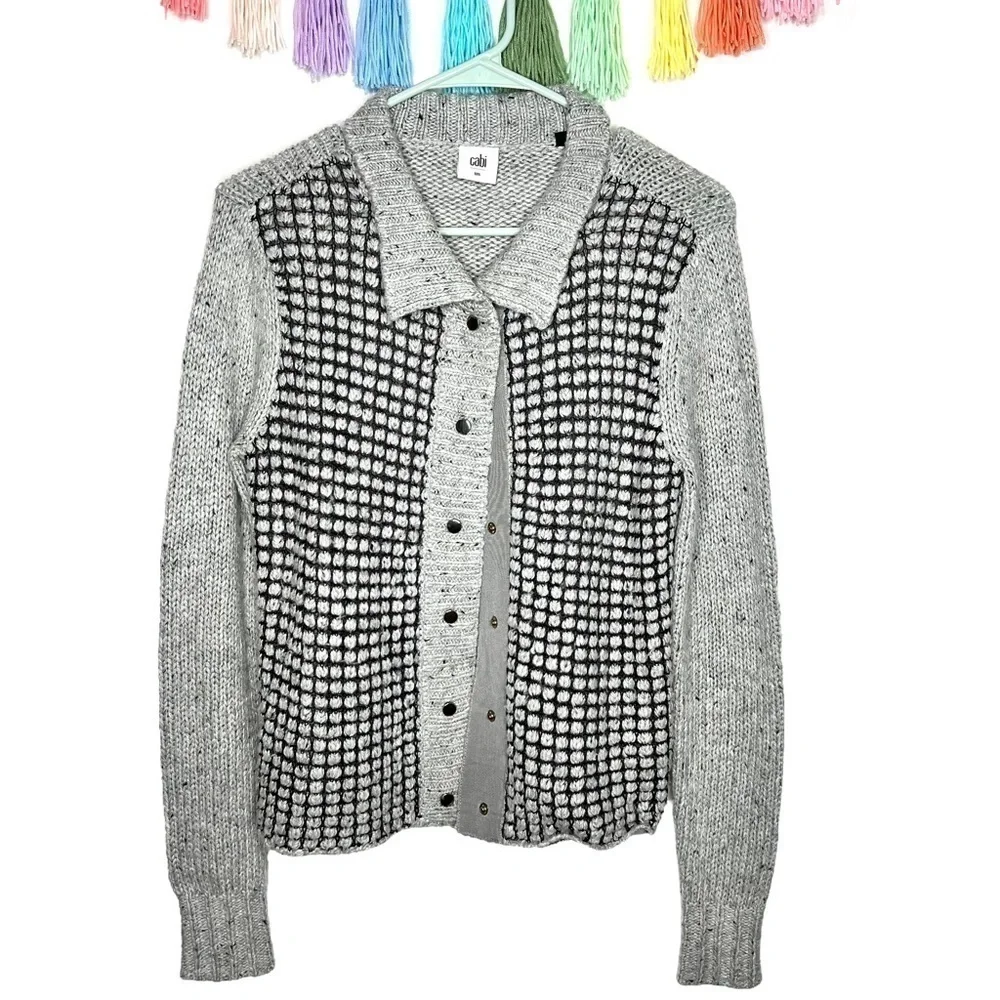 Cabi 3006 Gray Square Stich Window Pane Mock Neck Snap Cardigan Sweater Size S